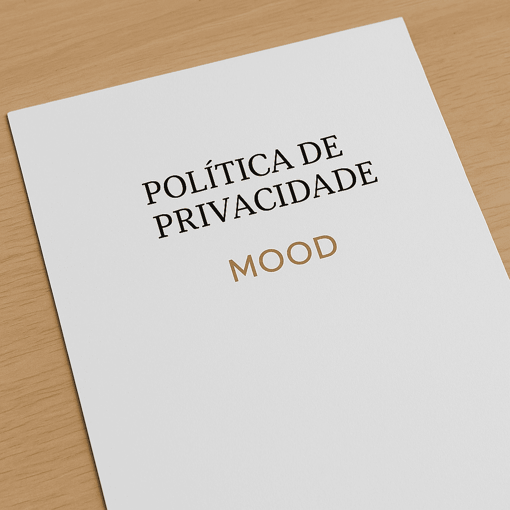 Documento com o título “Política de Privacidade” e logotipo MOOD dourado, pousado sobre uma mesa de madeira clara.