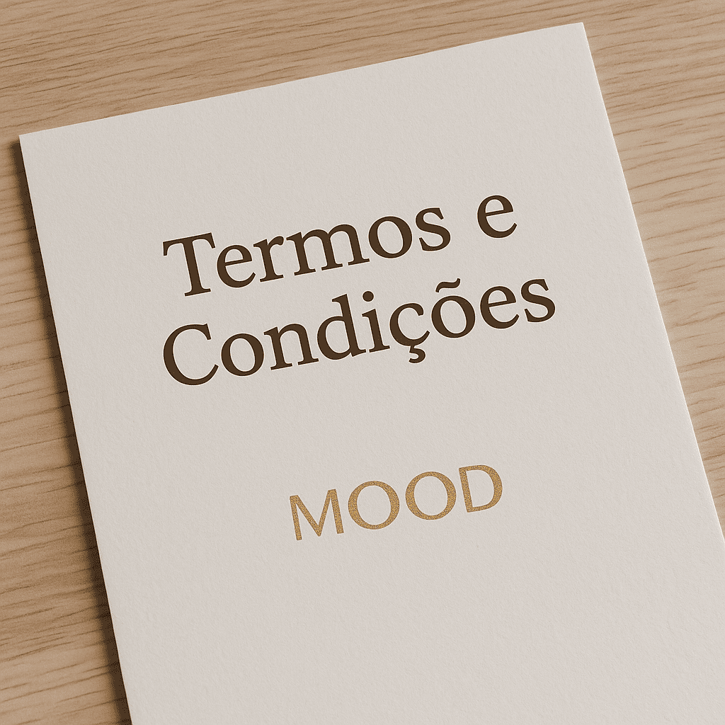 Documento impresso com o título “Termos e Condições” e o logotipo dourado da MOOD, sobre uma mesa de madeira clara.